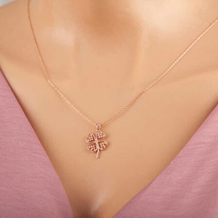 BlackCraft 925 Ayar Gümüş Rose Kalpli Dört Yapraklı Yonca Kadın Kolye (BC-5F3A51)