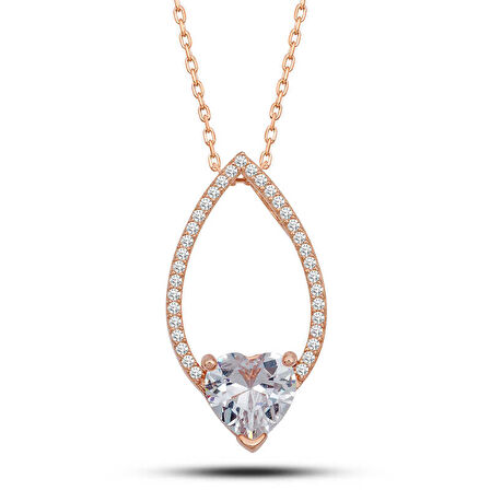 BlackCraft Gümüş Rose Kalp Beyaz Taşlı Damla Kadın Kolye (BC-6F401D)