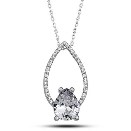 BlackCraft 925 Ayar Gümüş Beyaz Taşlı Damla Kadın Gümüş Kolye (BC-9F4D2C)