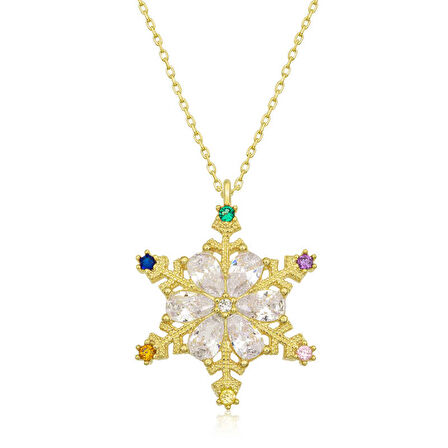 BlackCraft 925 Ayar Gümüş Gold Renkli Taşlı Kar Tanesi Kadın Gümüş Kolye (BC-A91CBC)