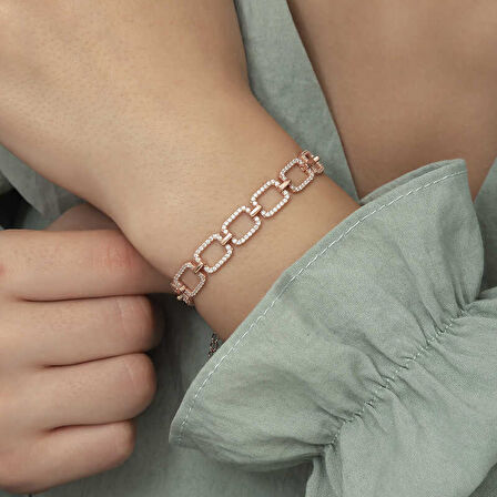 BlackCraft 925 Ayar Gümüş Rose Kare Taşlı Bileklik (BC-4CD41F)