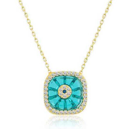 BlackCraft Gümüş Gold Kare Camgöz Nazar Kadın Kolye (BC-1E36E1)