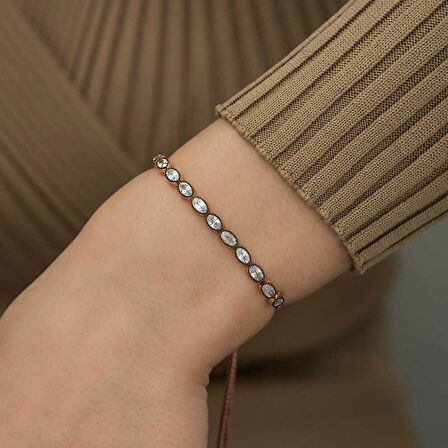 BlackCraft Gümüş Rose Oval Kesim Elmas Montür Asansör Bileklik (BC-6319D2)