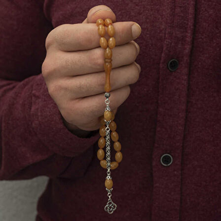 BlackCraft Gümüş Püskül Arpa Sıkma Kehribar Tesbih (BC-04FC26)