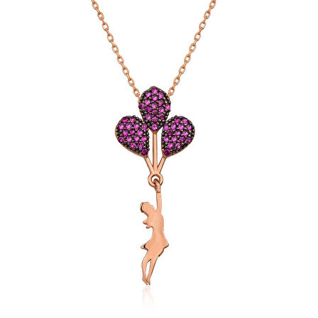 BlackCraft 925 Ayar Gümüş Rose Kırmızı Balonlu Kız Kolye (BC-85923B)