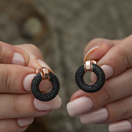 BlackCraft Gümüş Siyah Çok Taşlı Daire Küpe (BC-BCA002)