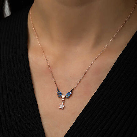 BlackCraft 925 Ayar Gümüş Çiçekli Kanatlı Kalpli Kadın Gümüş Kolye (BC-3E2556)