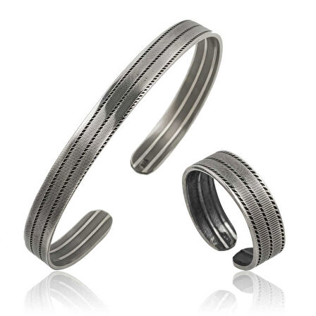 BlackCraft 925 Ayar Gümüş Çizgi Desenli Bileklik Ve Yüzük Set (BC-920524)