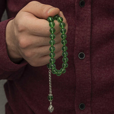 BlackCraft ​Gümüş Püskül Yeşil Küre Ateş Kehribar Tesbih (BC-0AE572)