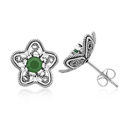 BlackCraft Gümüş Telkari Yeşil Nilüfer Çiçeği Çivili Küpe (BC-9864F9)