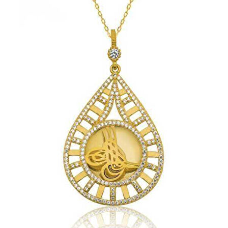 BlackCraft 925 Ayar Gümüş Damla Tuğralı Altın Kaplama Kadın Gümüş Kolye (BC-22666E)