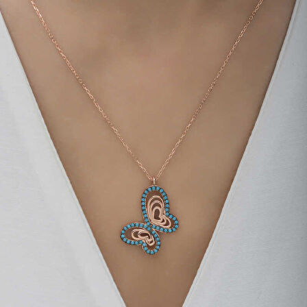 BlackCraft 925 Ayar Gümüş Turkuaz Taşlı Kelebek Kadın Gümüş Kolye (BC-99EAC9)