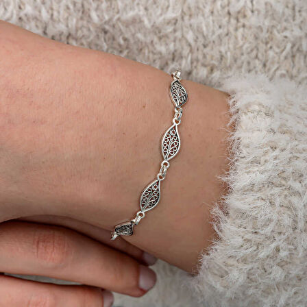 BlackCraft Gümüş Telkari Yaprak Desenli Kadın Bileklik trend