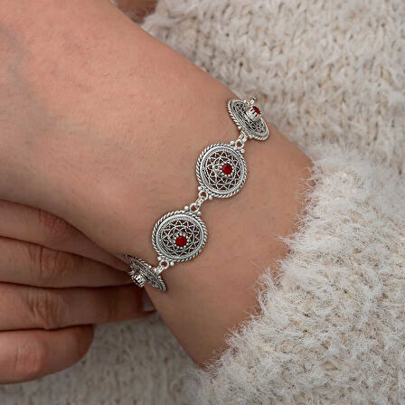 BlackCraft Gümüş Telkari Yakut Taşlı Kadın Bileklik şık