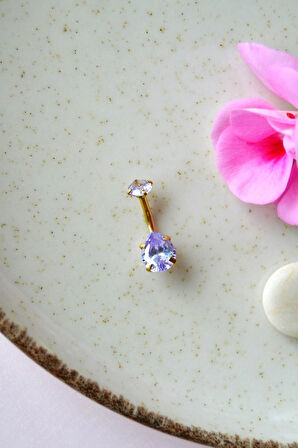 Damla Taş Model Çelik Göbek Piercingi Lila Mor Zirkon Taşlı