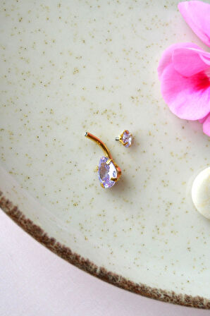 Damla Taş Model Çelik Göbek Piercingi Lila Mor Zirkon Taşlı