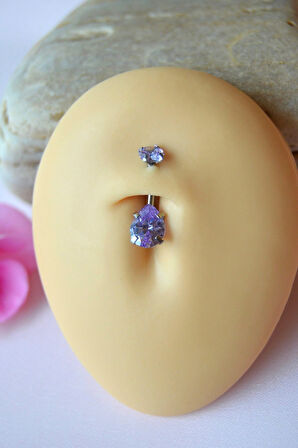 Damla Taş Model Çelik Göbek Piercingi Lila Mor Zirkon Taşlı