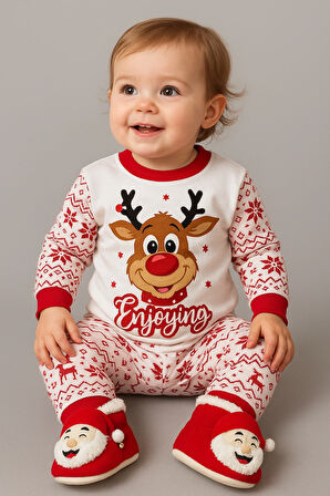 YILBAŞI NOEL TEMALI BEBEK PİJAMA VE ÇINGIRAKLI PANDUF TAKIMI ( 9-12 ay bebekler için uygundur )