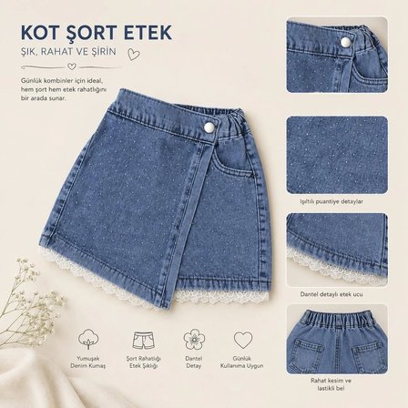 KIZ ÇOCUK ETEĞİ FİSTO DETAYLI KOT ŞORT ETEK