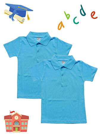 Kız Erkek Çocuk Unisex Polo Yaka 2 Adet  Mavi t-shirt , Okul Tişörtü