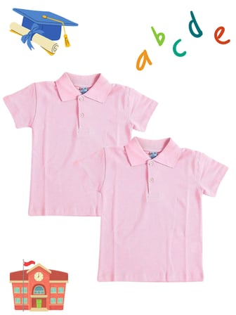 Kız Erkek Çocuk Unisex Polo Yaka 2 Adet  Pembe t-shirt , Okul Tişörtü