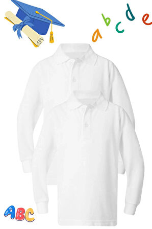 İki Adet Unisex Çocuk Uzun Kol Normal Kalıp Polo Yaka Beyaz Okul Penye T-shirt