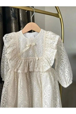 Kız Bebek Çocuk, Robadan Fırfırlı Krem Dantel Elbise, Doğum Günü, Düğün, Bayramlık, Parti Elbisesi