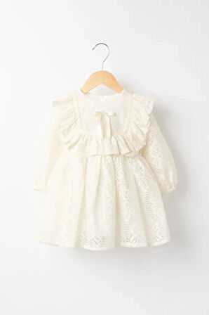 Kız Bebek Çocuk, Robadan Fırfırlı Krem Dantel Elbise, Doğum Günü, Düğün, Bayramlık, Parti Elbisesi