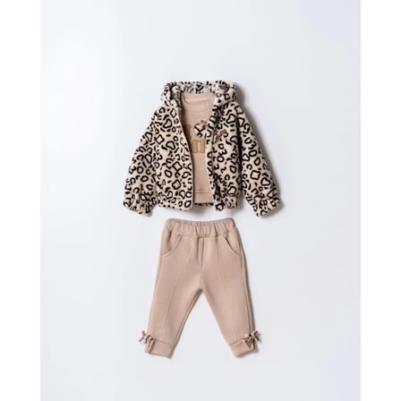 LEOPAR POLAR MONTLU , FİYONK DETAYLI KIZ BEBEK 3 PARÇA KIŞLIK TAKIM