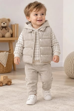 ERKEK BEBEK BEJ KAPÜŞONLU SWEAT , ŞİŞME YELEK , PANTOLON 3 PARÇA PREMİUM SERİ KIŞLIK TAKIM