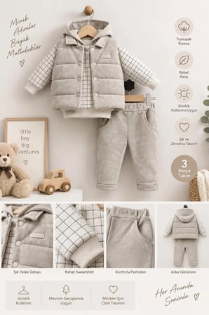 ERKEK BEBEK BEJ KAPÜŞONLU SWEAT , ŞİŞME YELEK , PANTOLON 3 PARÇA PREMİUM SERİ KIŞLIK TAKIM