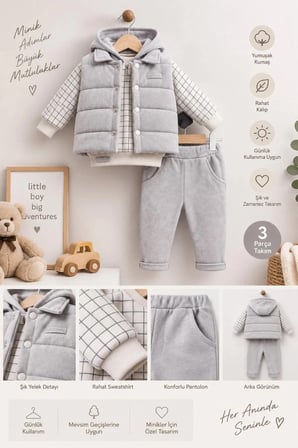 ERKEK BEBEK GRİ KAPÜŞONLU SWEAT , ŞİŞME YELEK , PANTOLON 3 PARÇA PREMİUM SERİ KIŞLIK TAKIM