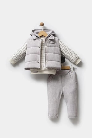 ERKEK BEBEK GRİ KAPÜŞONLU SWEAT , ŞİŞME YELEK , PANTOLON 3 PARÇA PREMİUM SERİ KIŞLIK TAKIM