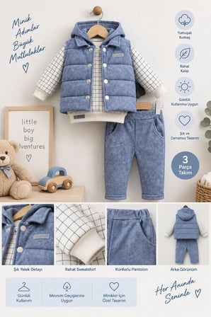 ERKEK BEBEK MAVİ KAPÜŞONLU SWEAT , ŞİŞME YELEK , PANTOLON 3 PARÇA PREMİUM SERİ KIŞLIK TAKIM