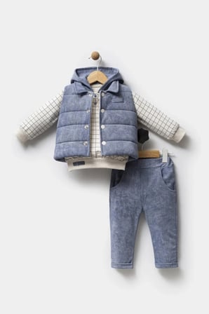 ERKEK BEBEK MAVİ KAPÜŞONLU SWEAT , ŞİŞME YELEK , PANTOLON 3 PARÇA PREMİUM SERİ KIŞLIK TAKIM
