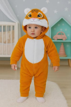  Kız Erkek Çocuk Welsoft Peluş Kaplan Nakışlı Kapüşonlu Tulum , Uyku Tulumu