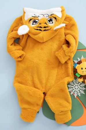  Kız Erkek Çocuk Welsoft Peluş Kaplan Nakışlı Kapüşonlu Tulum , Uyku Tulumu