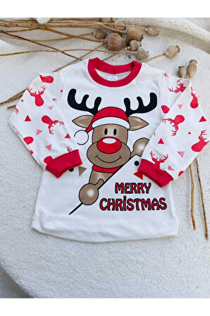 Merry Christmas Baskılı Yılbaşı Yeni yıl Etnik Desen Geyikli Çocuk Pijama Takım