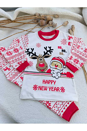 Happy New Year Baskılı Yılbaşı Yeni yıl Etnik Desen Geyikli Çocuk Pijama Takım