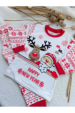 Happy New Year Baskılı Yılbaşı Yeni yıl Etnik Desen Geyikli Çocuk Pijama Takım