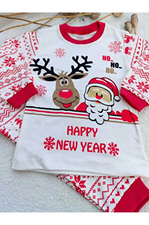 Happy New Year Baskılı Yılbaşı Yeni yıl Etnik Desen Geyikli Çocuk Pijama Takım