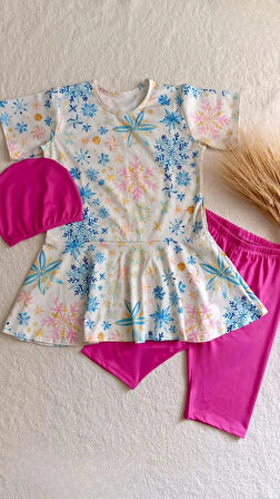 Kız Çocuk Genç Üst , Bone , Tayt 3 parça Kar tanesi Tesettür Deniz Havuz Mayo Takımı