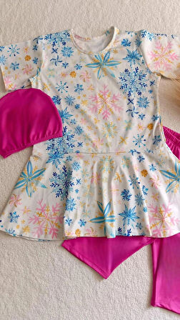 Kız Çocuk Genç Üst , Bone , Tayt 3 parça Kar tanesi Tesettür Deniz Havuz Mayo Takımı