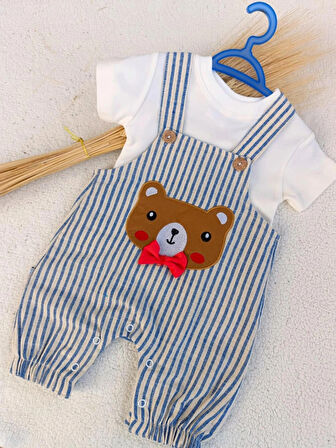 Erkek Bebek Çocuk Mavi Ayıcıklı Keten Salopet Tişört Iki Parça Takım