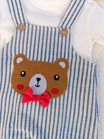 Erkek Bebek Çocuk Mavi Ayıcıklı Keten Salopet Tişört Iki Parça Takım