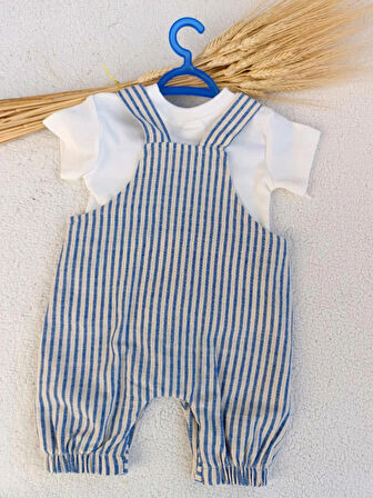 Erkek Bebek Çocuk Mavi Ayıcıklı Keten Salopet Tişört Iki Parça Takım