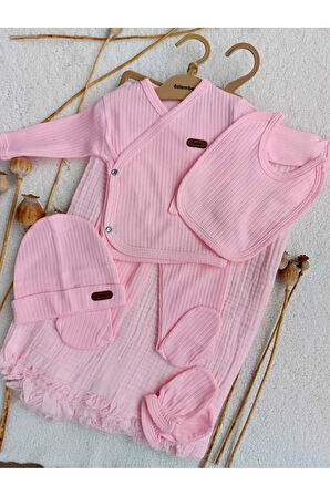 BEBEK YENİ DOĞAN PEMBE 4 KAT MÜSLİN BATTANİYELİ 6 PARÇA HASTANE ÇIKIŞI ZIBIN SETİ