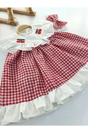 KIZ BEBEK ÇOCUK PÖTİ KARELİ KİRAZ NAKIŞLI SAÇ BANTLI FIRFIRLI ELBİSE