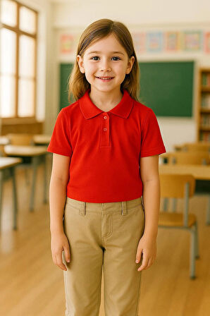 Kırmızı Okul T-Shirt , Kısa Kollu Polo Yaka Kız Erkek Çocuk 23 Nisan , Okuma Bayramı Tişört