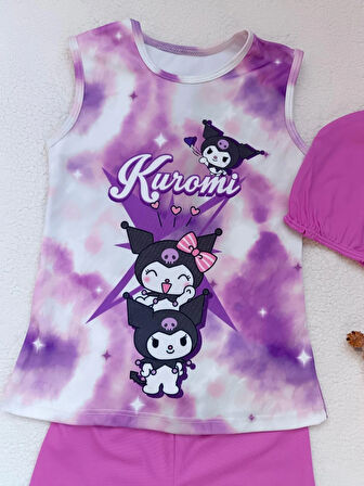 KUROMİ KIZ ÇOCUK 3 PARÇA ÜST , BONE , TAYT DENİZ HAVUZ MAYO TAKIMI